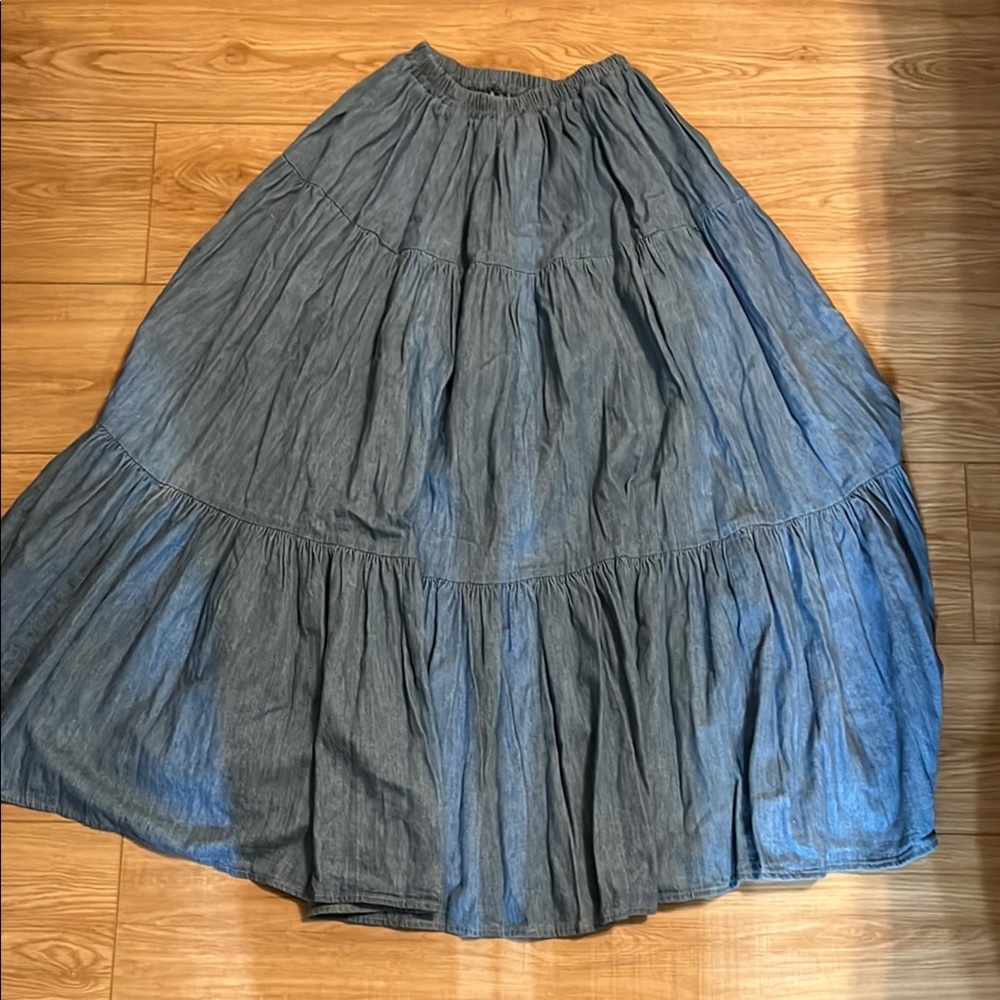 Double D Ranch Washed Denim Blue Tiered A-Line Maxi Skirt
